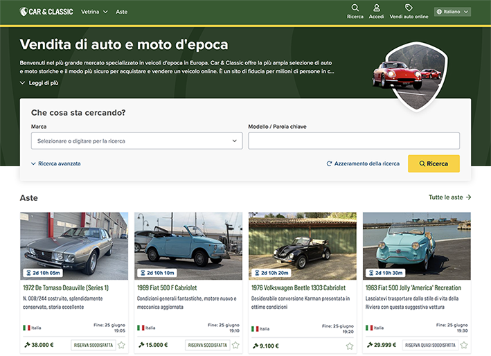 Car & Classic da oggi in Italia la più grande piattaforma europea specializzata in veicoli d’epoca