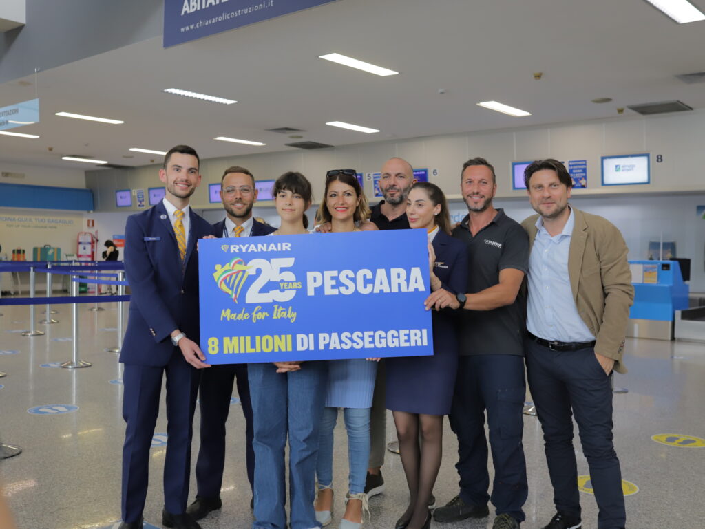 Ryanair celebra 25 anni in Italia e raggiunge 8 milioni di passeggeri su Pescara