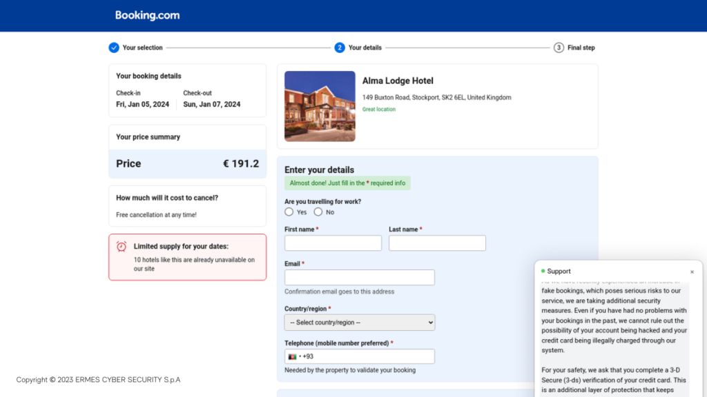 Ermes Browser Security, avverte di truffe on line sulla piattaforma di viaggi e vacanze Booking.com